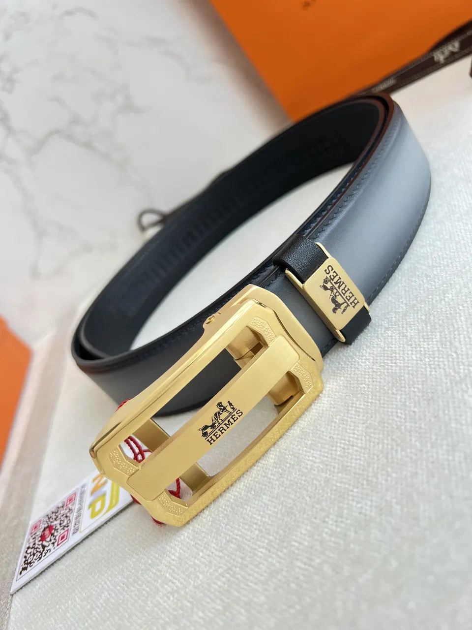 rectangular Hermes Black Leather Gold Buckle Belt
