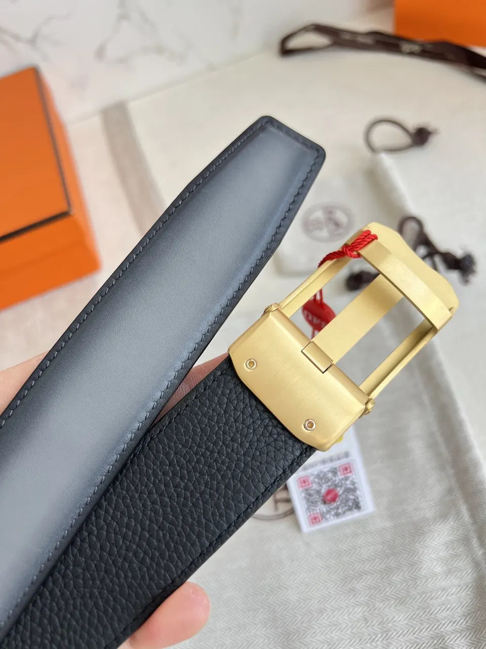 rectangular Hermes Black Leather Gold Buckle Belt - Hình 3