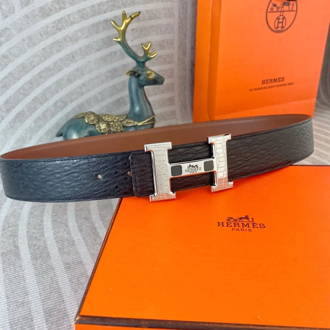 Hermes Black Croc Embossed Belt - Hình 2