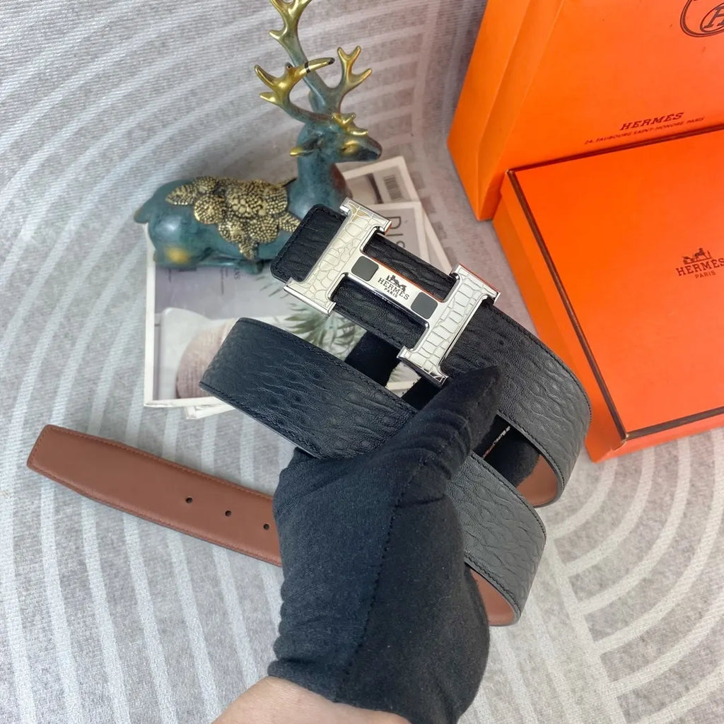 Hermes Black Croc Embossed Belt - Hình 3