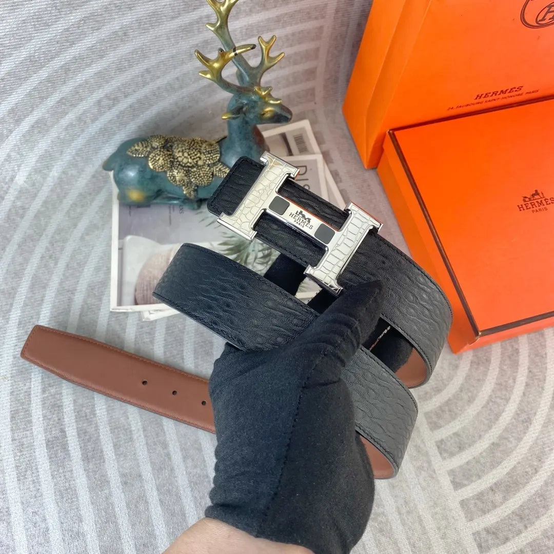 Hermes Black Croc Embossed Belt - Hình 3