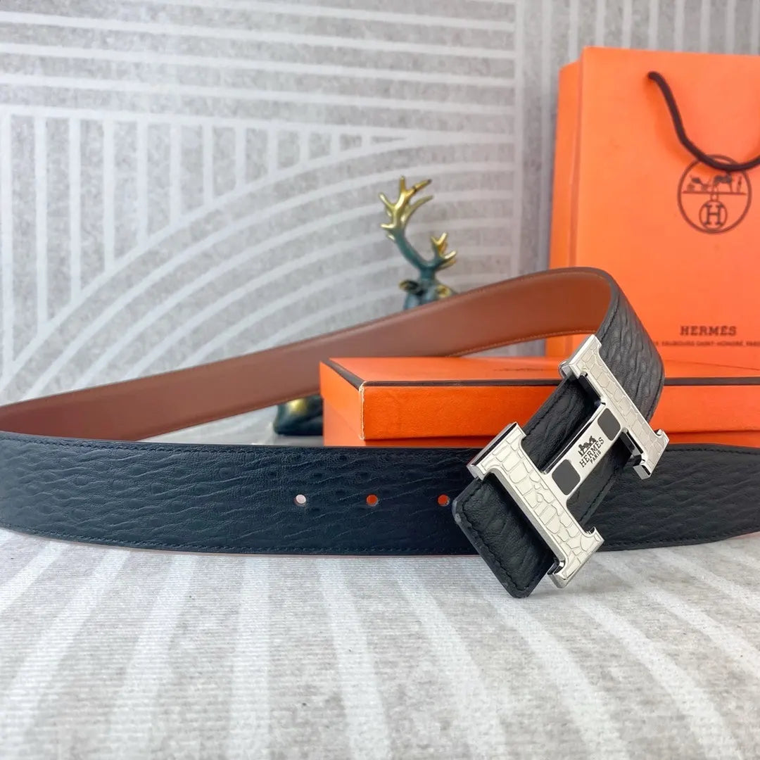 Hermes Black Croc Embossed Belt - Hình 5