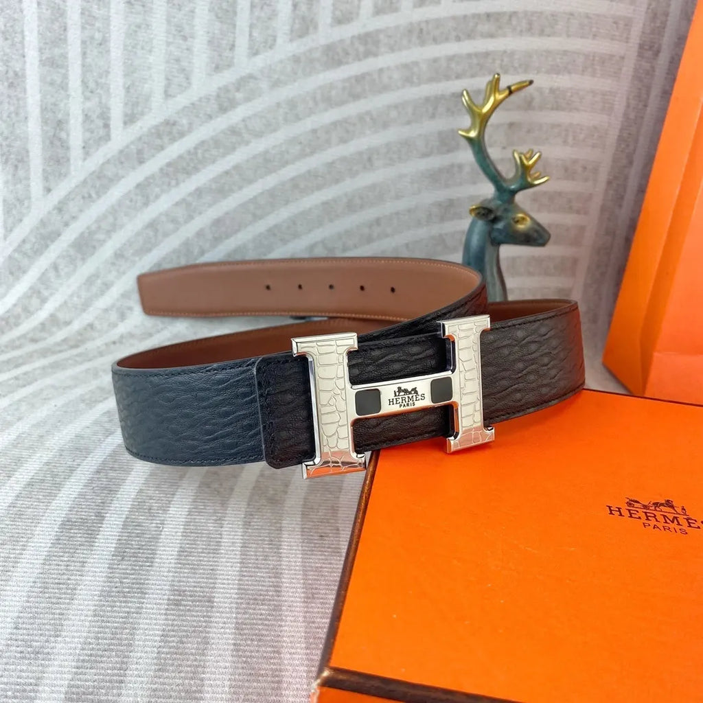 Hermes Black Croc Embossed Belt - Hình 7