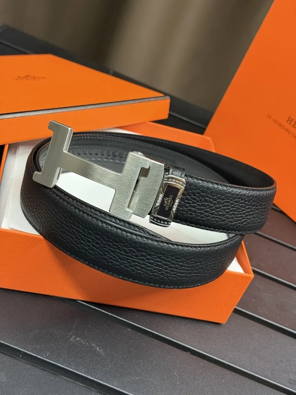 Hermes Black Leather Diamond Belt