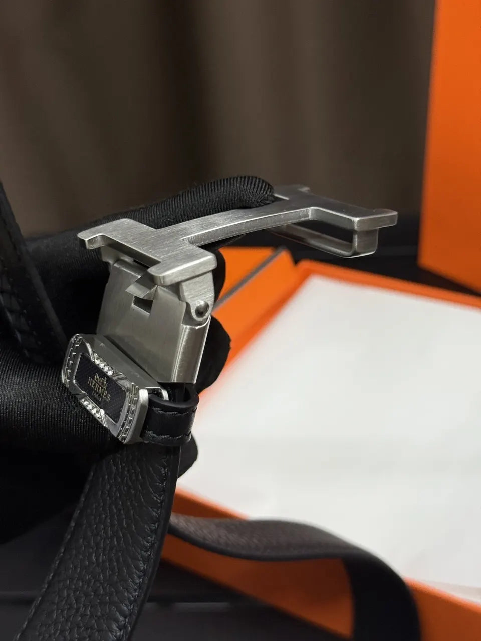 Hermes Black Leather Diamond Belt - Hình 9