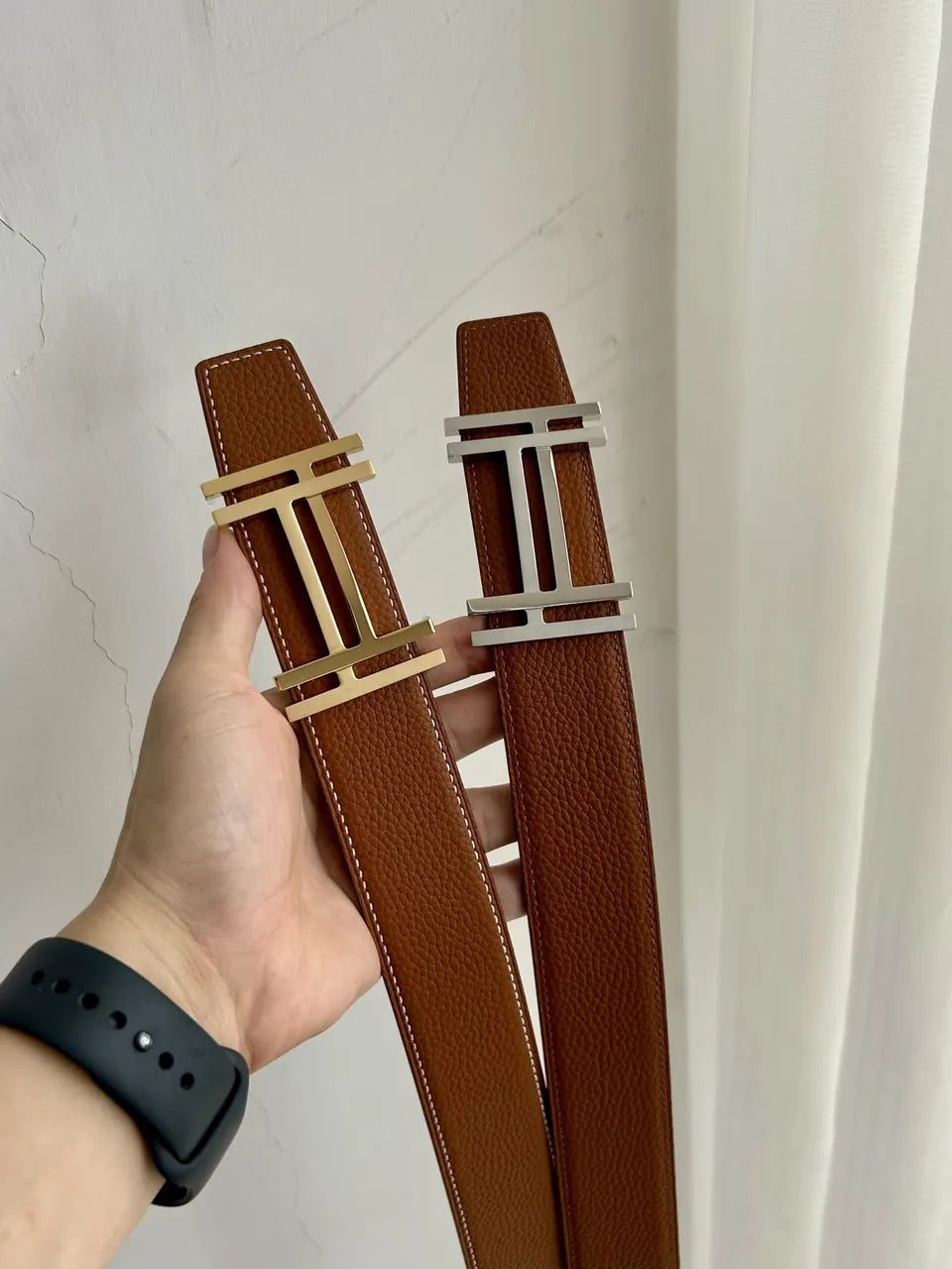 Hermes Tan Leather Belt Silver & Gold