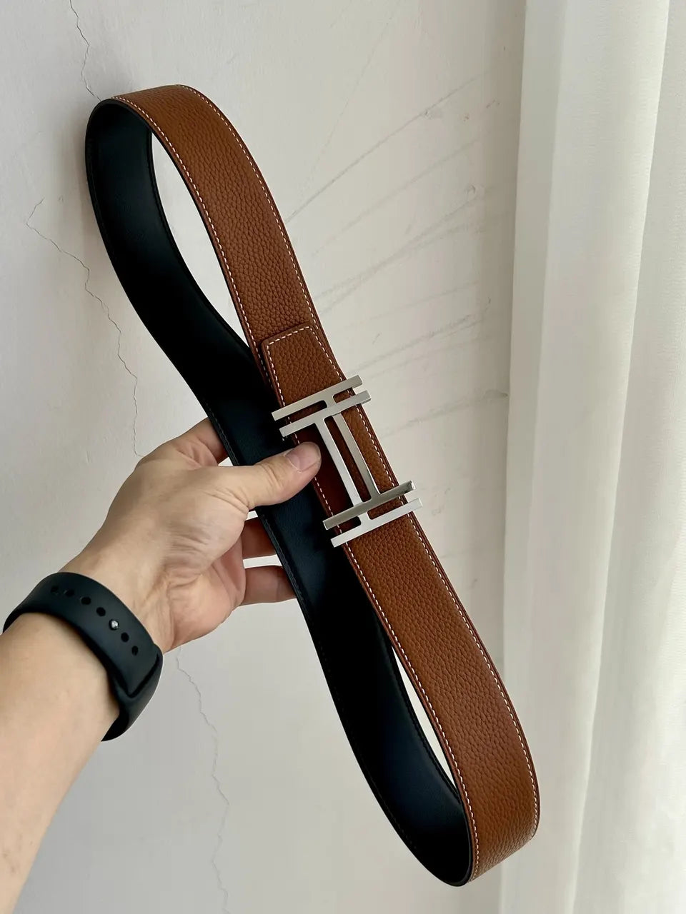 Hermes Tan Leather Belt Silver & Gold - Hình 9