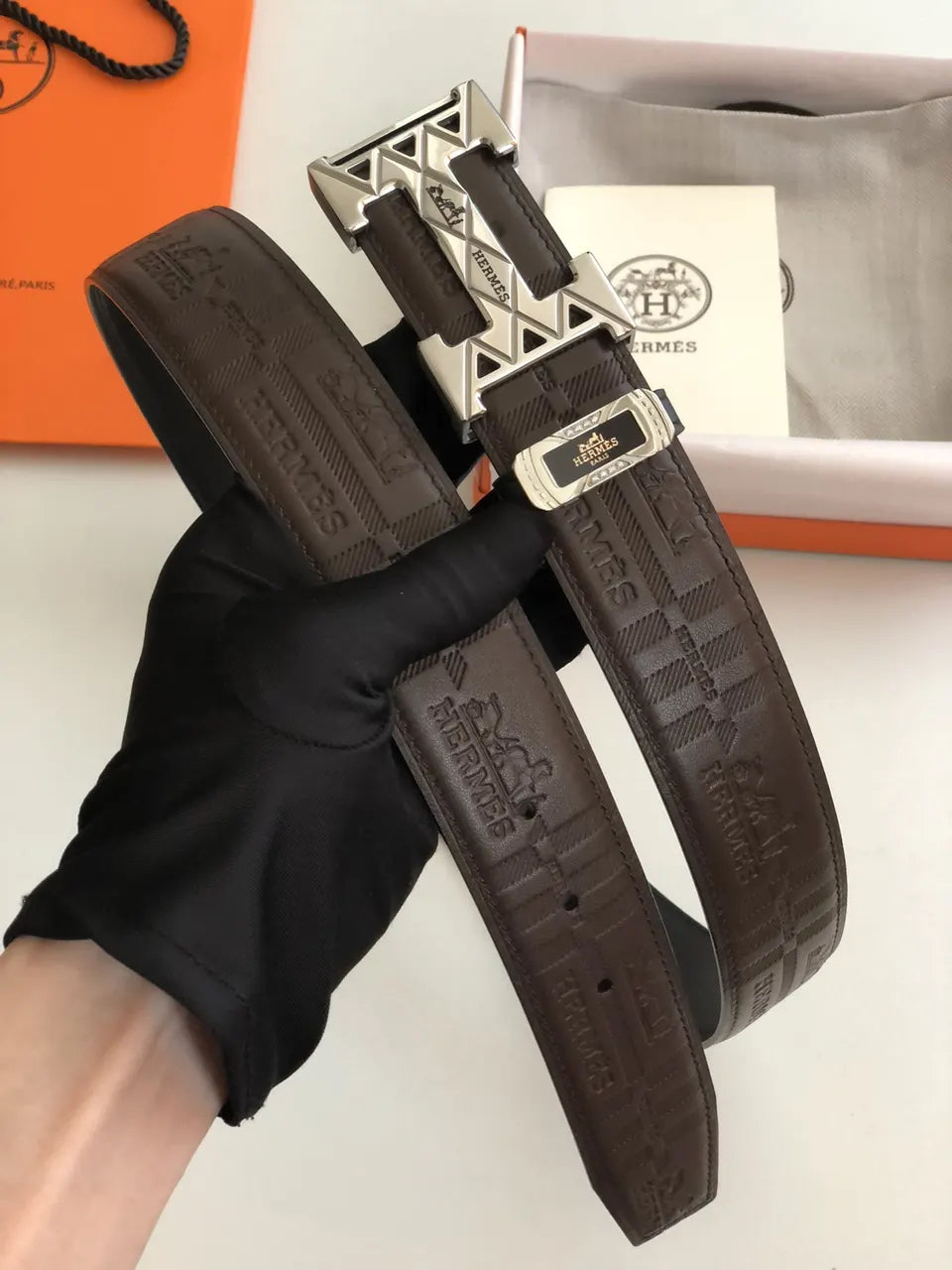 Hermes Brown Embossed Leather Belt - Hình 2