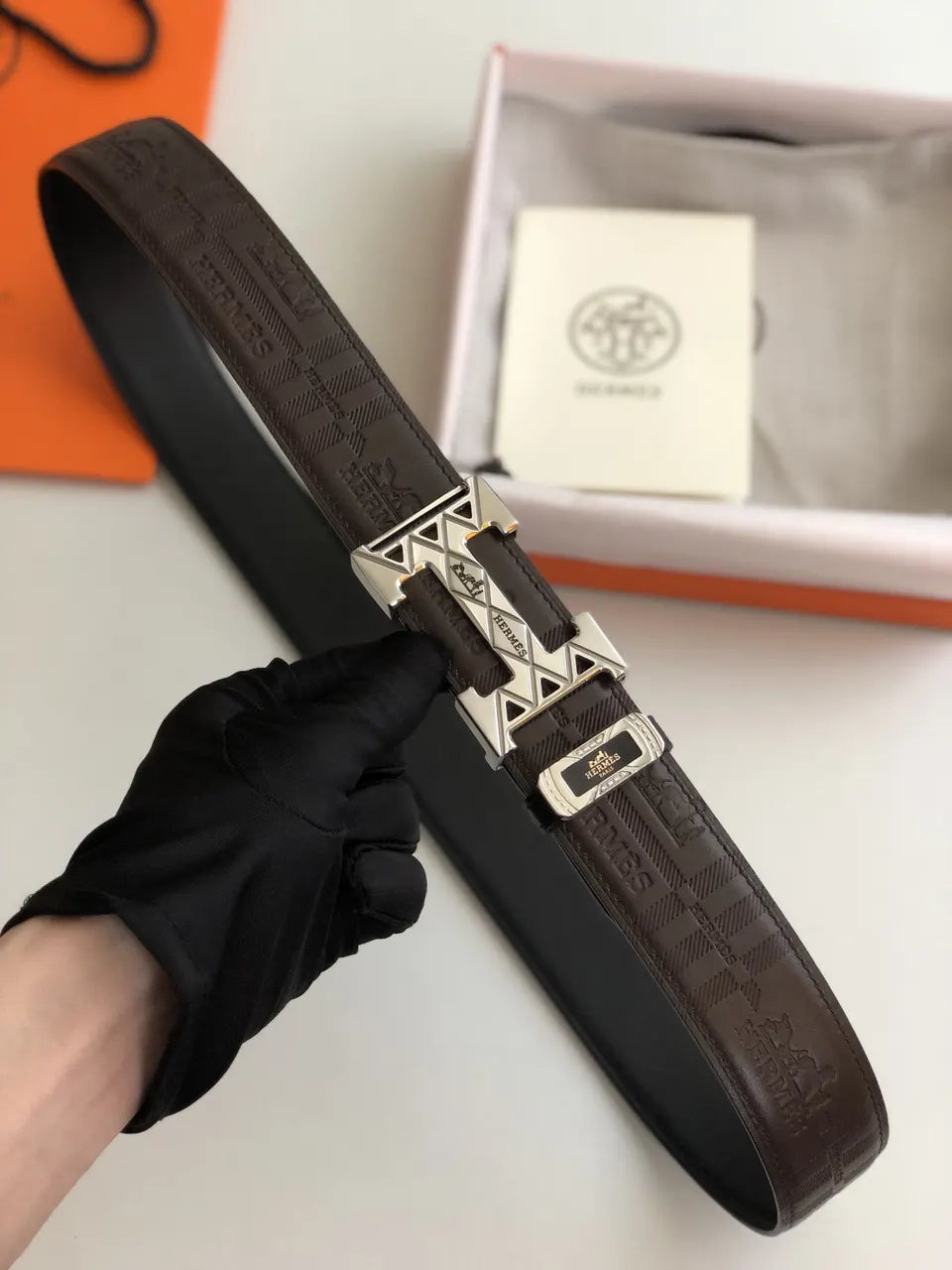 Hermes Brown Embossed Leather Belt - Hình 3
