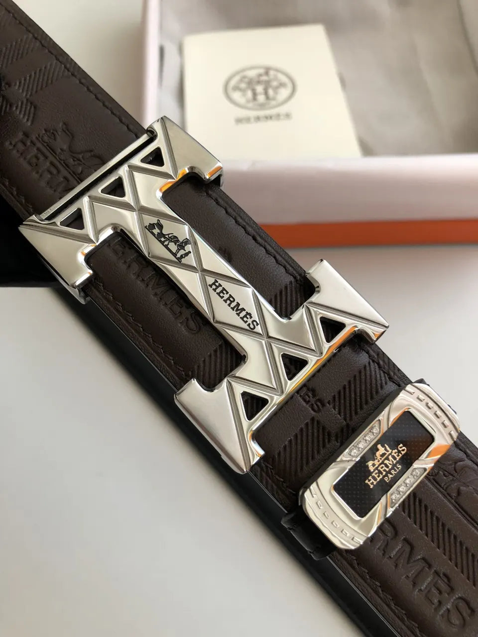 Hermes Brown Embossed Leather Belt - Hình 4