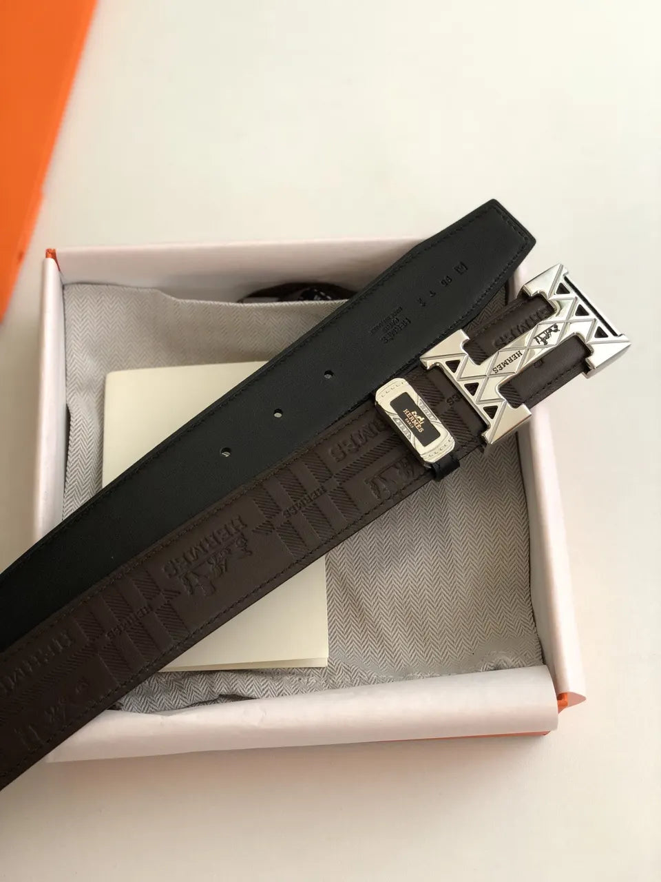 Hermes Brown Embossed Leather Belt - Hình 5