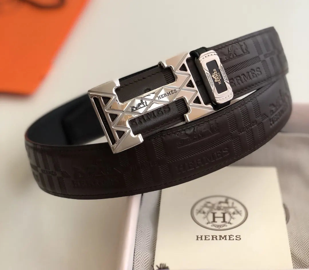 Hermes Brown Embossed Leather Belt - Hình 6