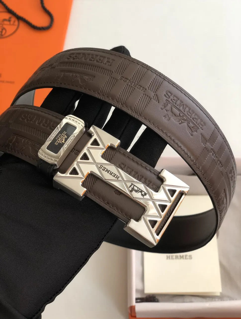 Hermes Brown Embossed Leather Belt - Hình 7