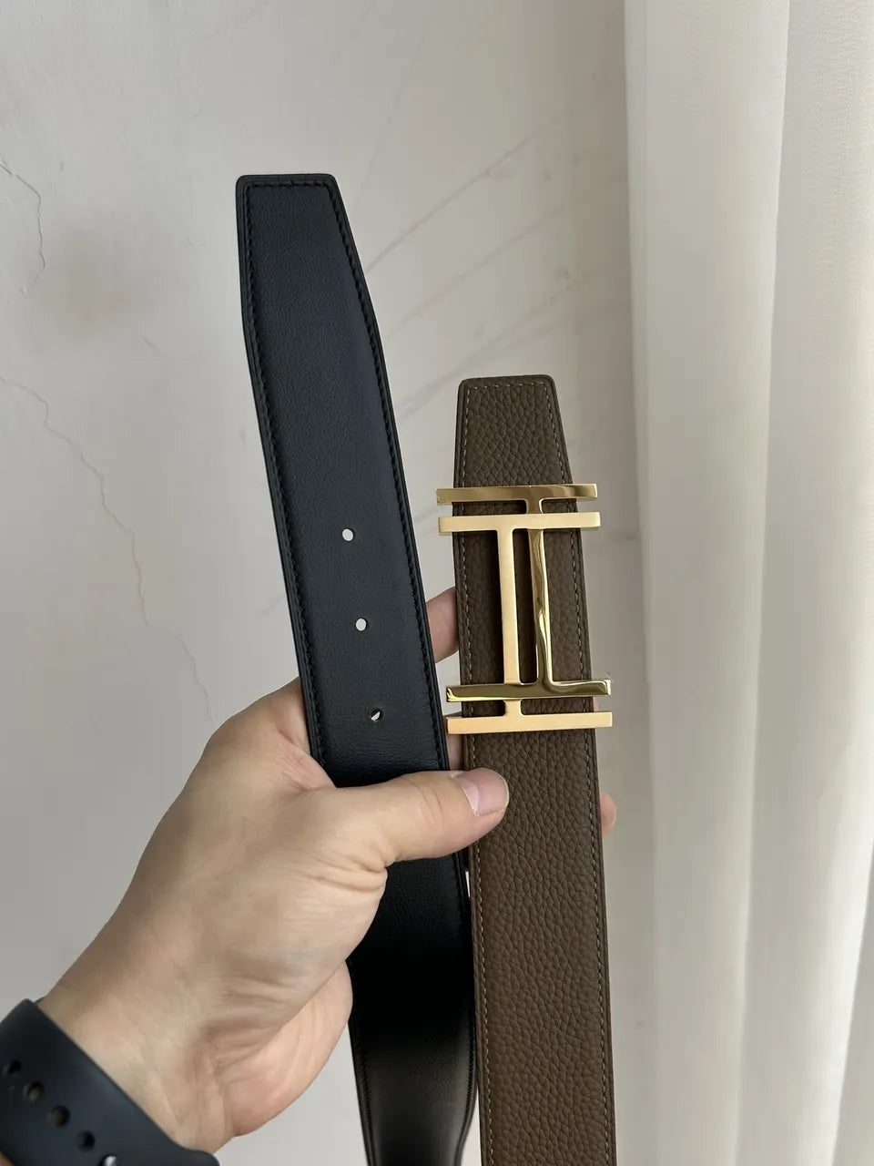 gold silver Hermes Brown Leather Belt - Hình 2