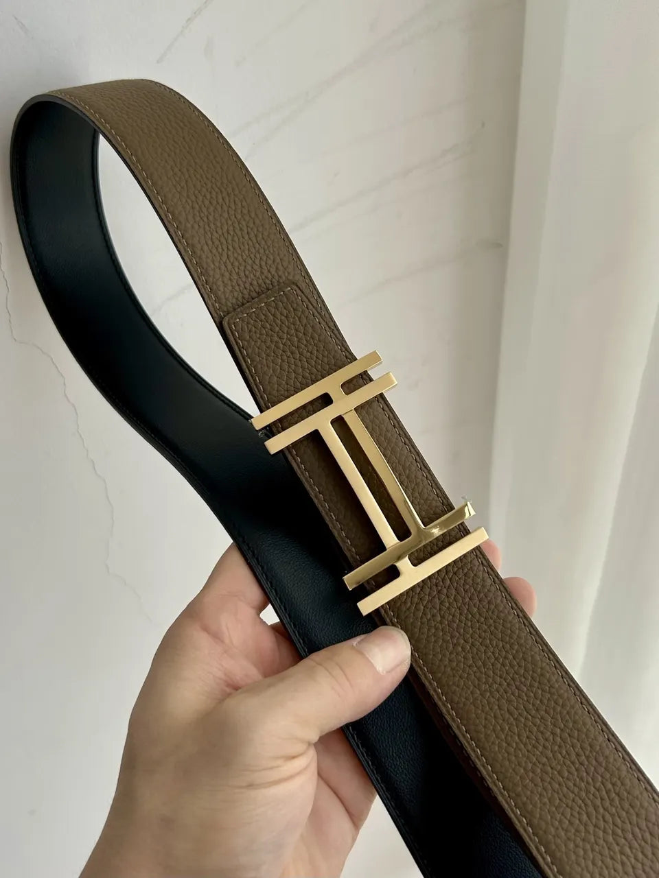 gold silver Hermes Brown Leather Belt - Hình 3