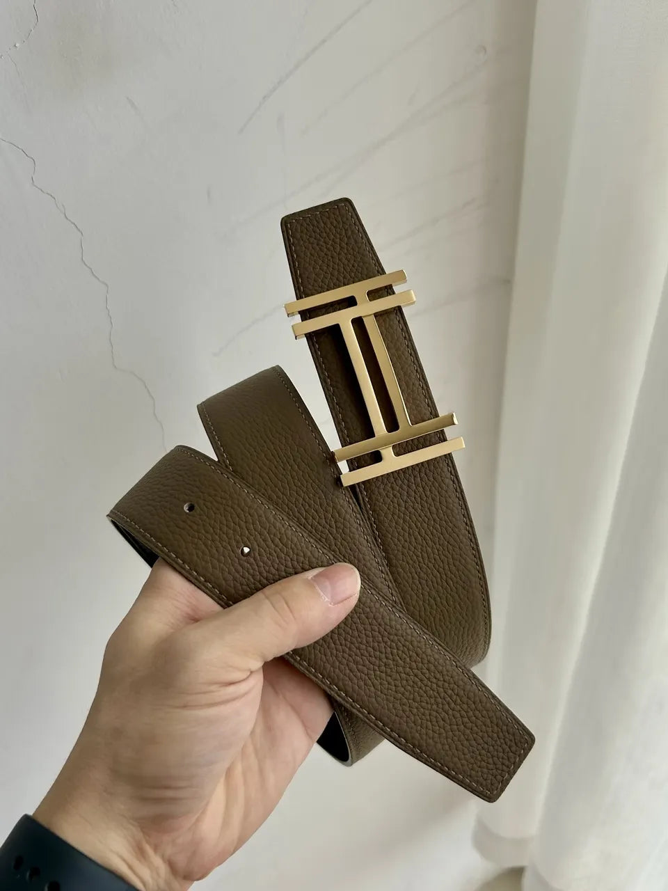 gold silver Hermes Brown Leather Belt - Hình 4