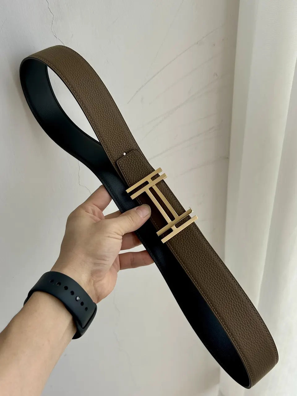 gold silver Hermes Brown Leather Belt - Hình 5