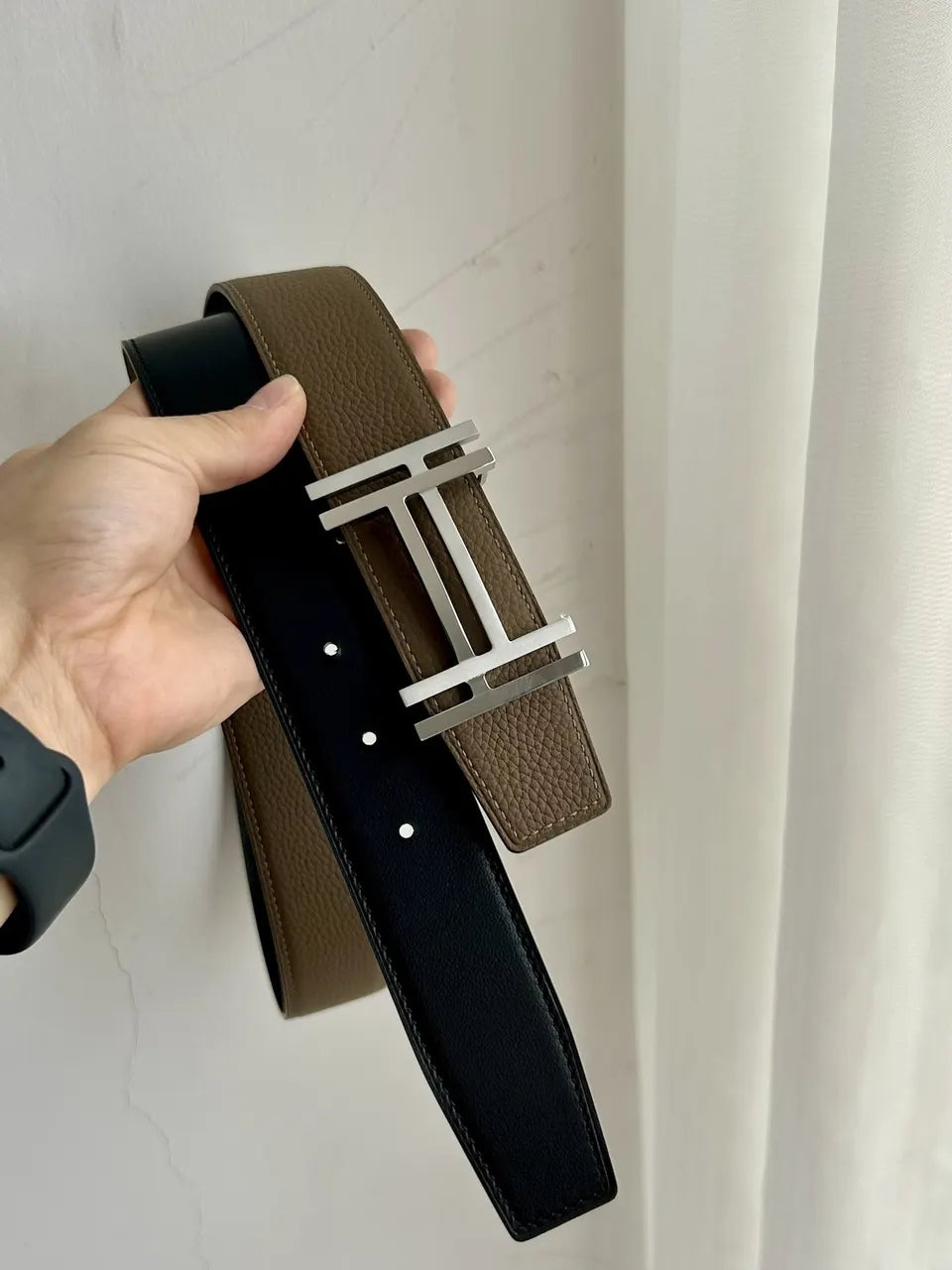 gold silver Hermes Brown Leather Belt - Hình 7