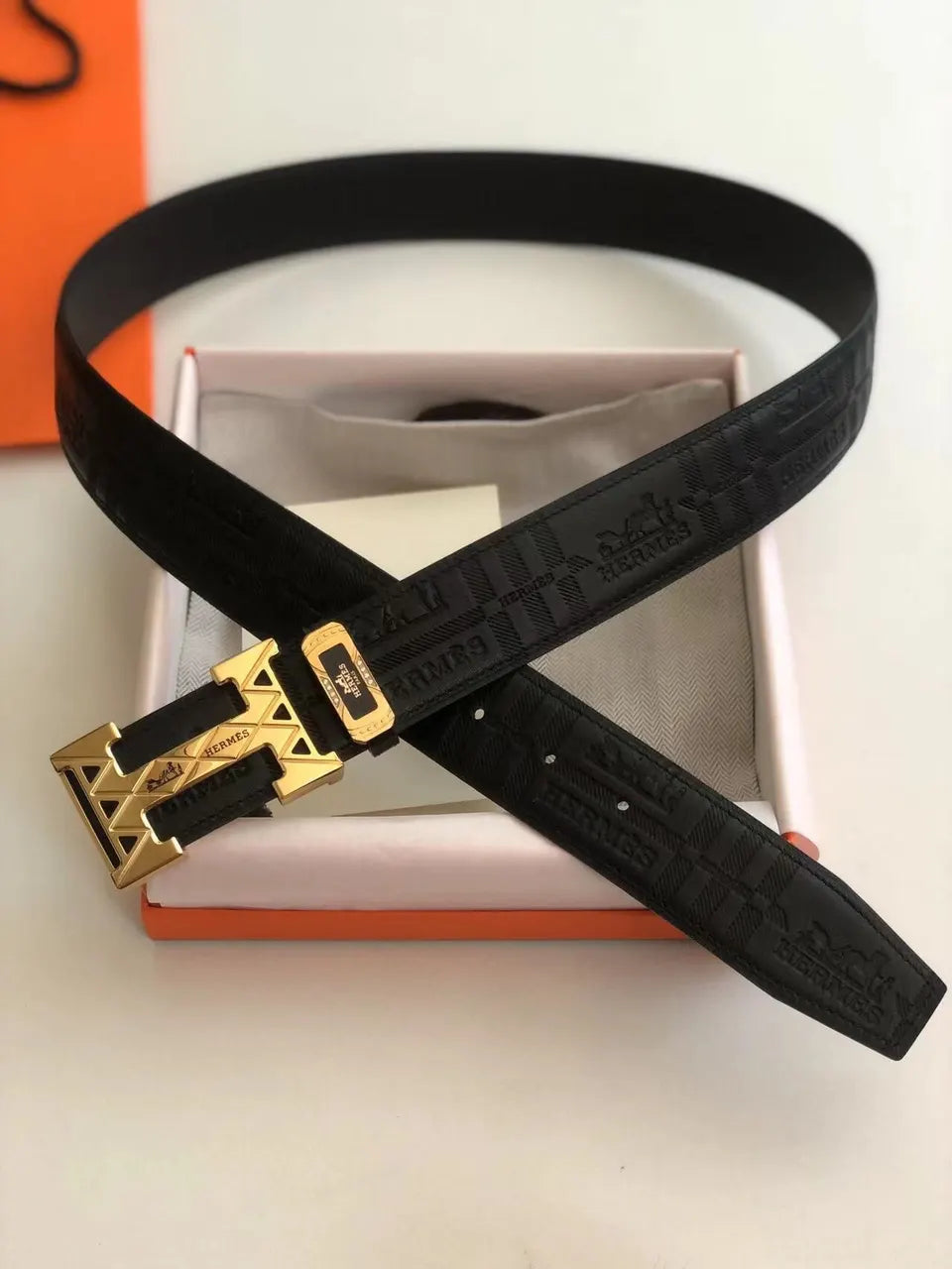 Hermes Embossed Black Leather Belt gold