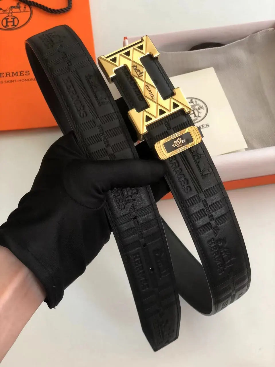 Hermes Embossed Black Leather Belt gold - Hình 2