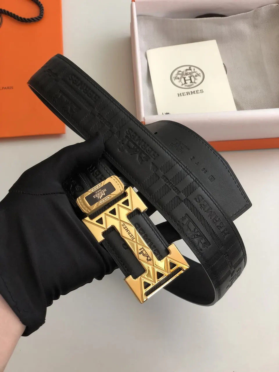 Hermes Embossed Black Leather Belt gold - Hình 5