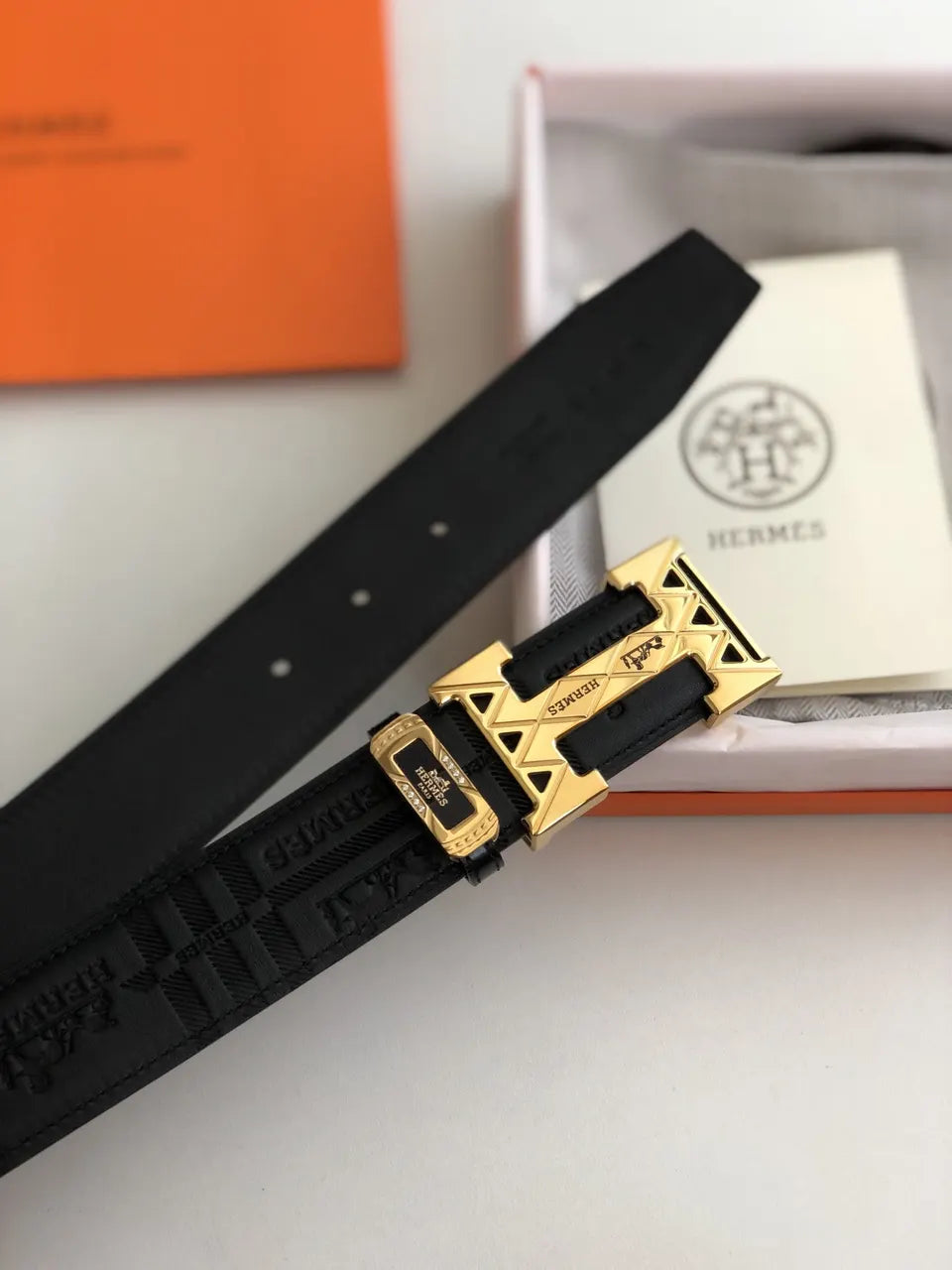 Hermes Embossed Black Leather Belt gold - Hình 6