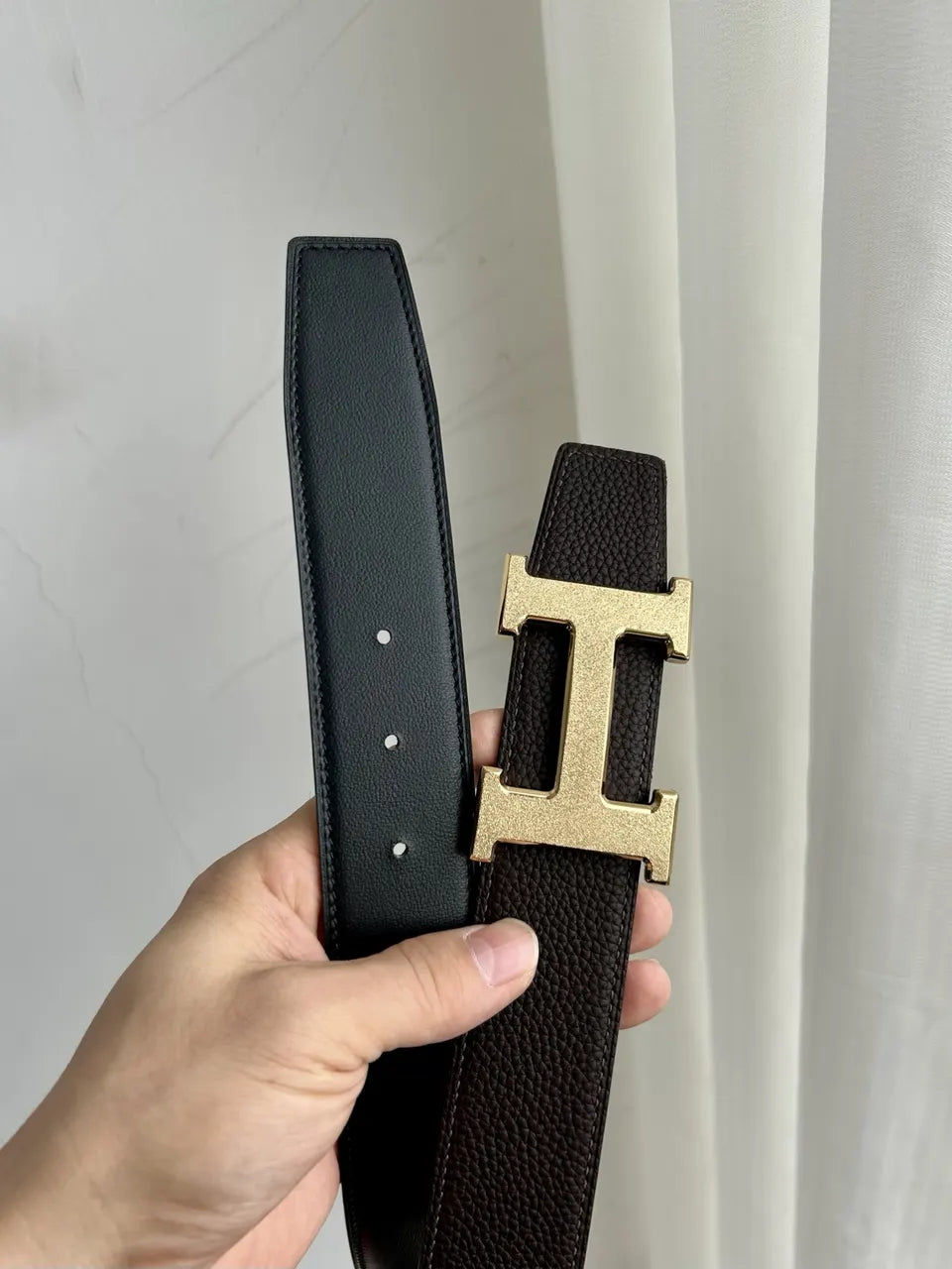 Hermes Brown Leather Gold Buckle Belt - Hình 2