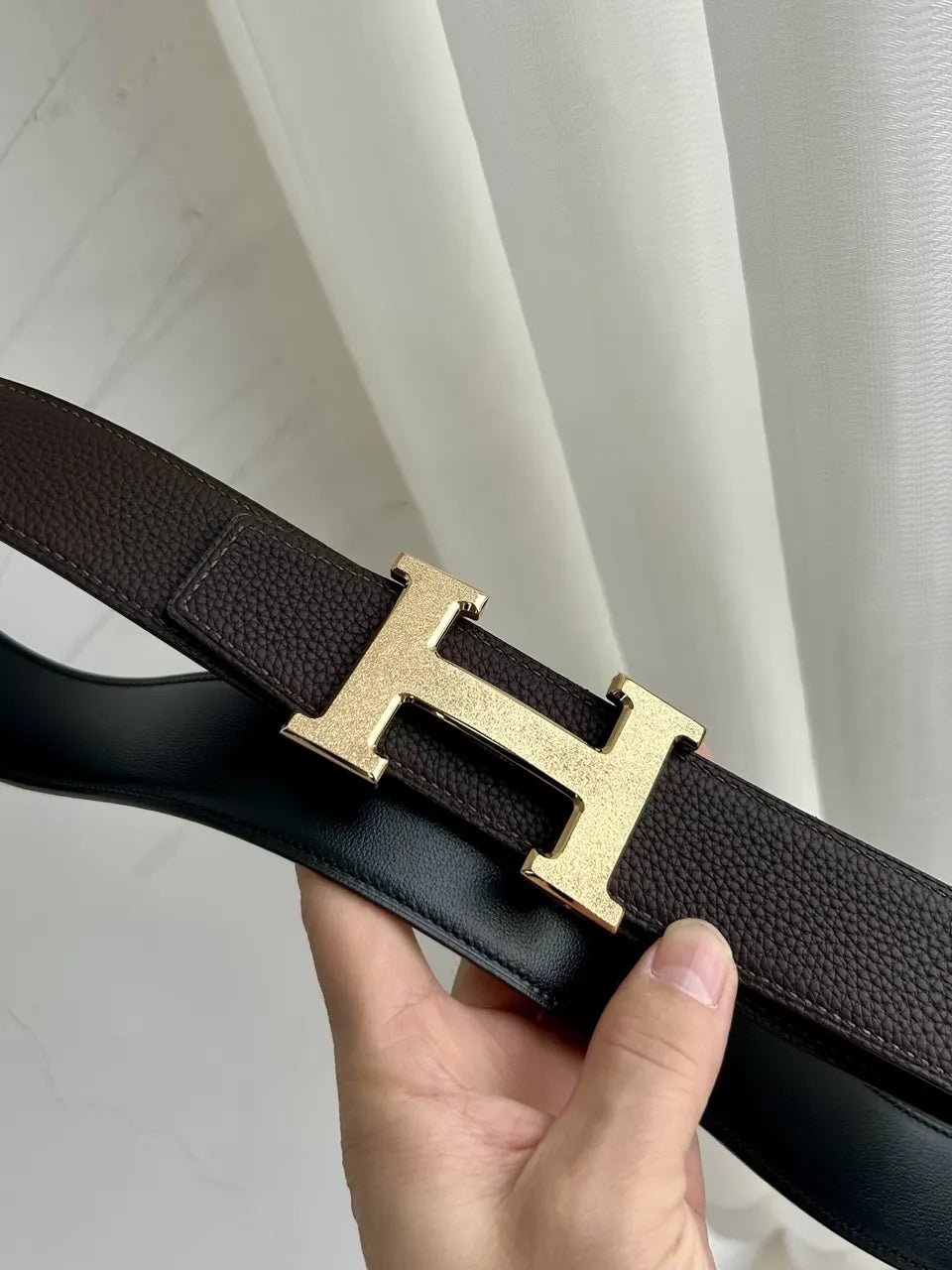 Hermes Brown Leather Gold Buckle Belt - Hình 4