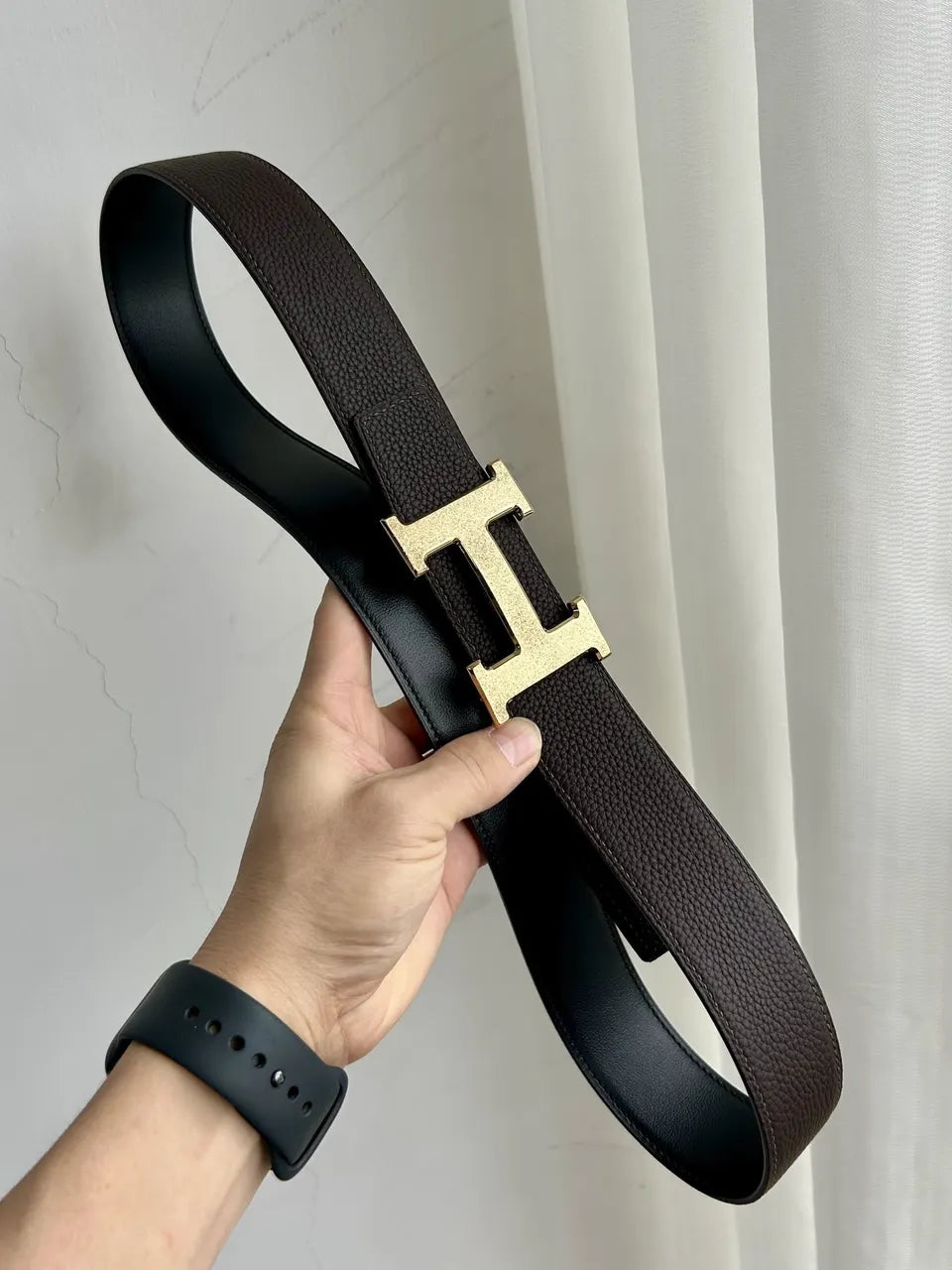 Hermes Brown Leather Gold Buckle Belt - Hình 5