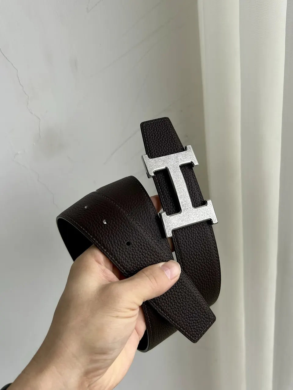 Hermes Brown Leather Gold Buckle Belt - Hình 7