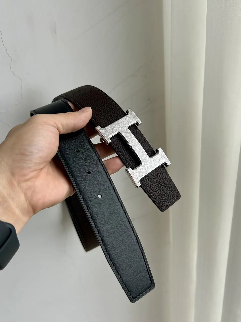Hermes Brown Leather Gold Buckle Belt - Hình 8