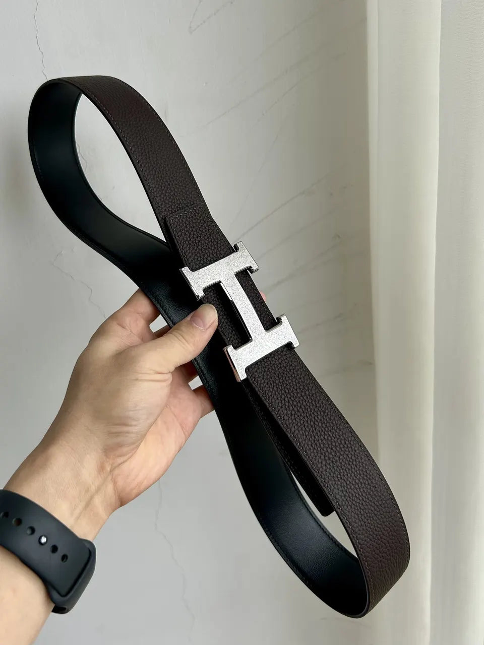Hermes Brown Leather Gold Buckle Belt - Hình 9