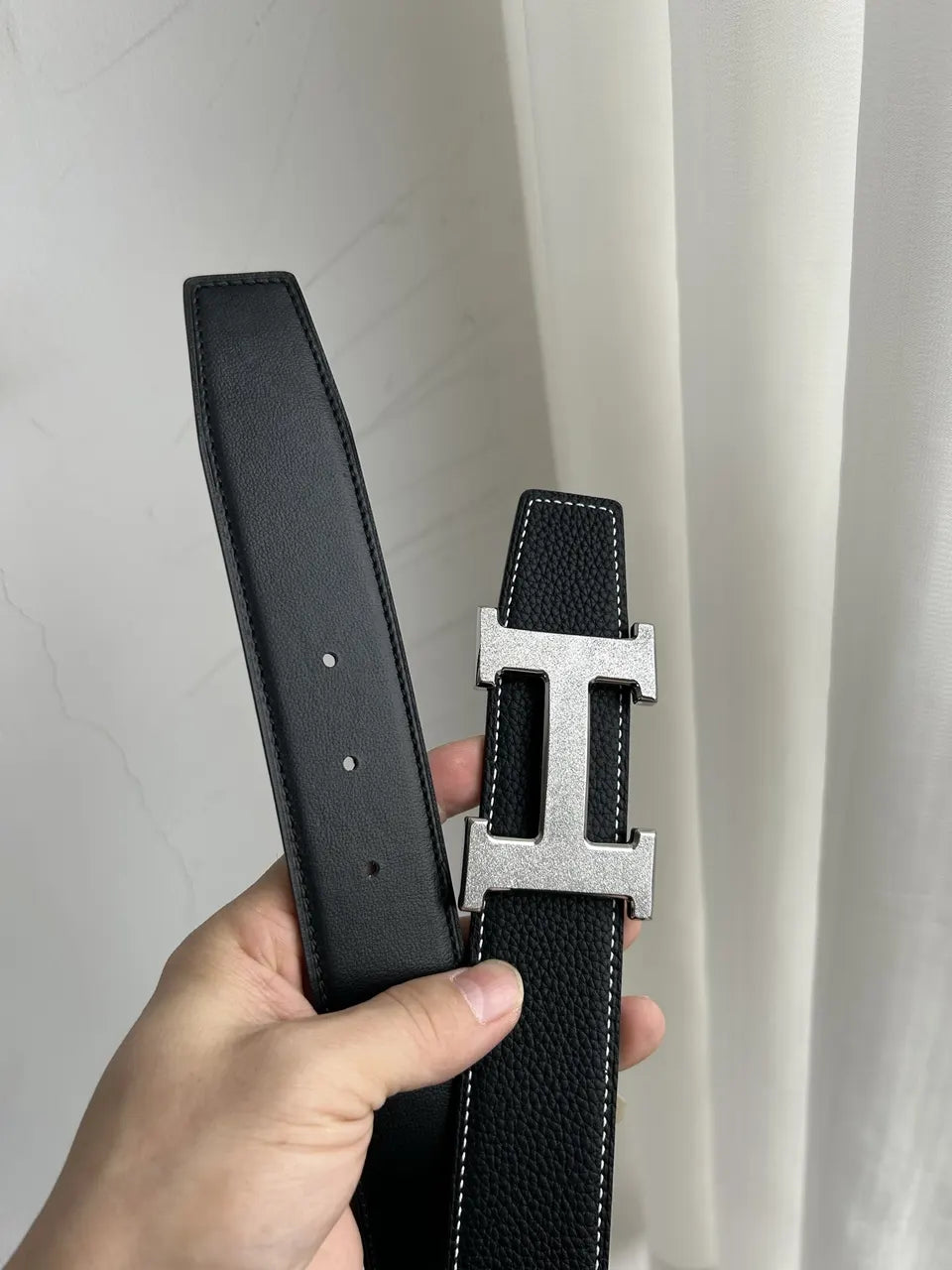 Hermes Black Leather Two Tone Buckle Belt - Hình 2