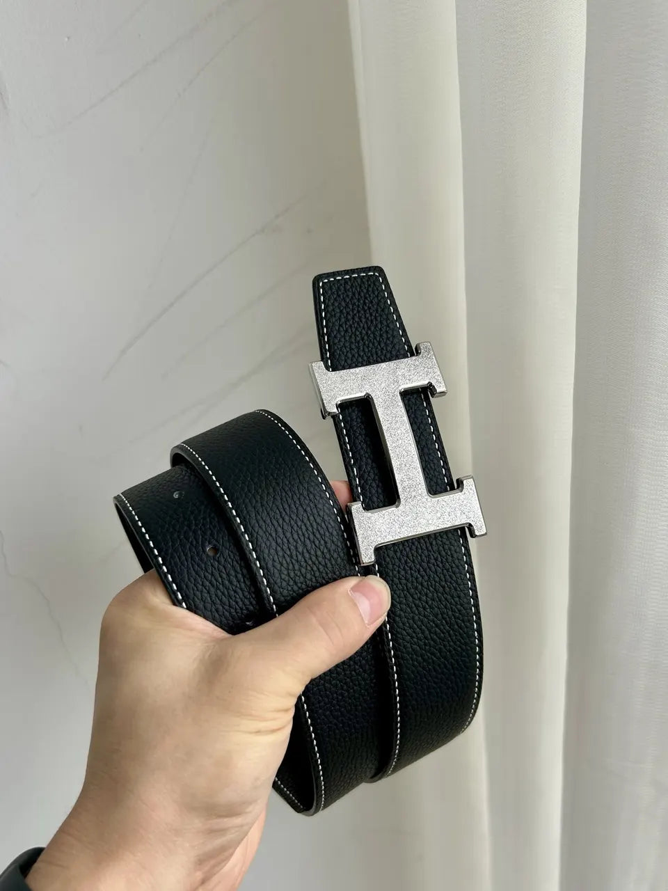 Hermes Black Leather Two Tone Buckle Belt - Hình 4