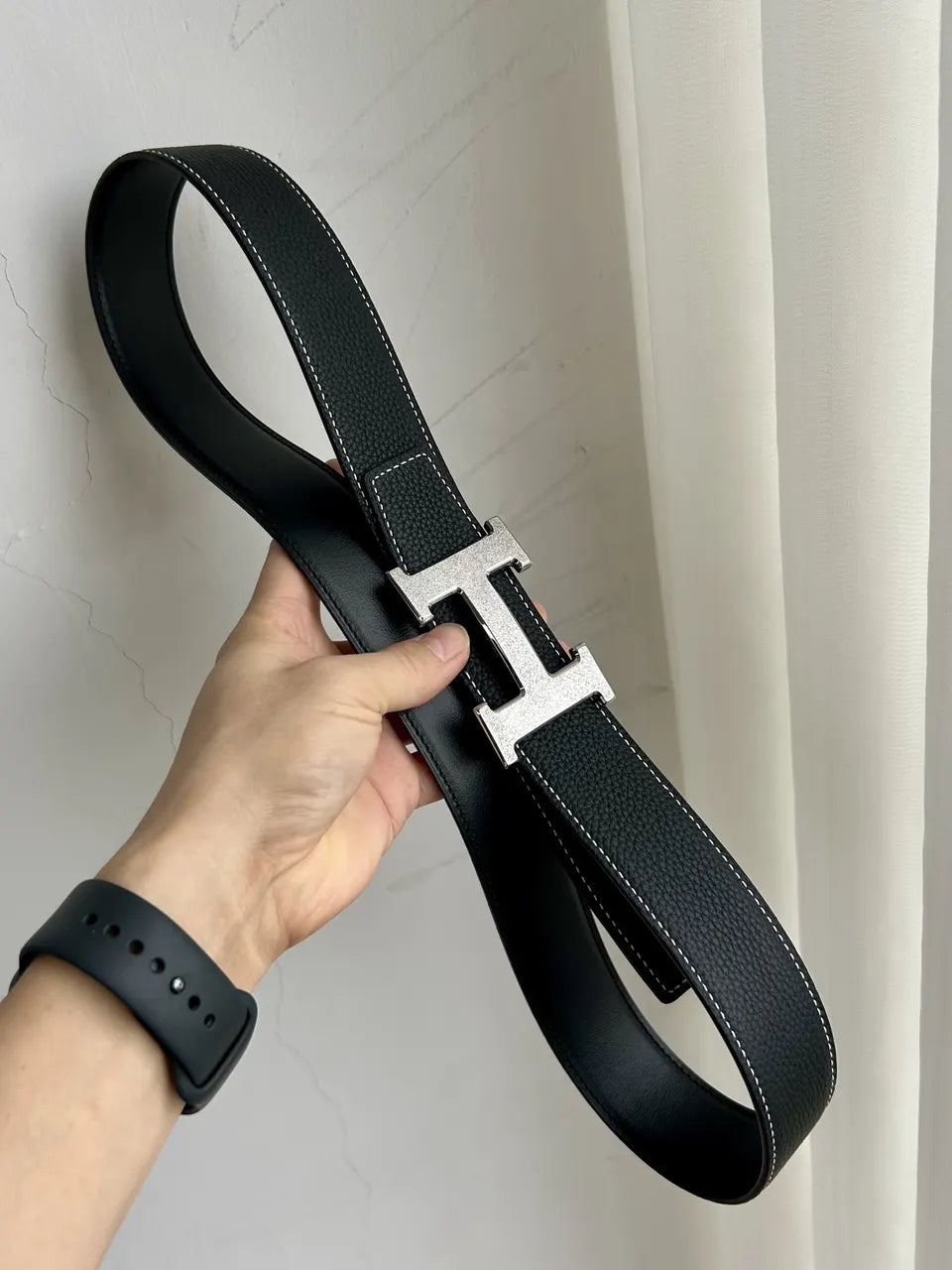 Hermes Black Leather Two Tone Buckle Belt - Hình 5