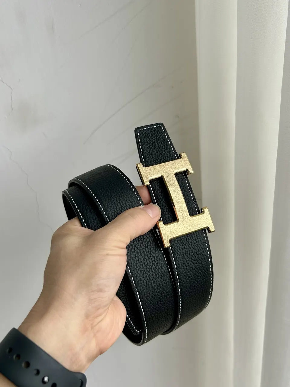 Hermes Black Leather Two Tone Buckle Belt - Hình 6