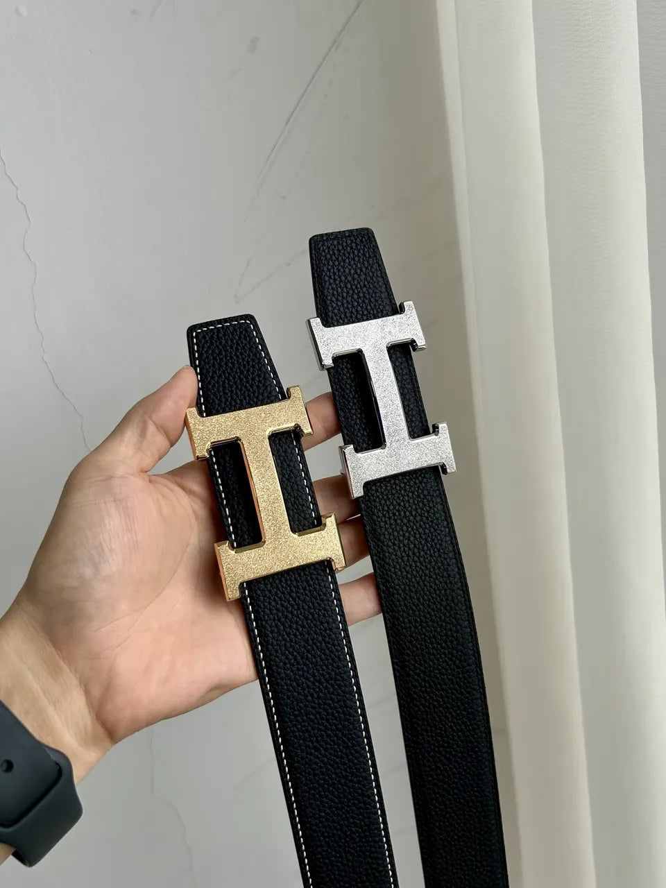 Hermes Black Leather Buckle Set