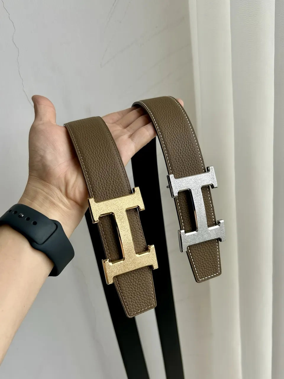 gold Hermes Taupe Leather Belt