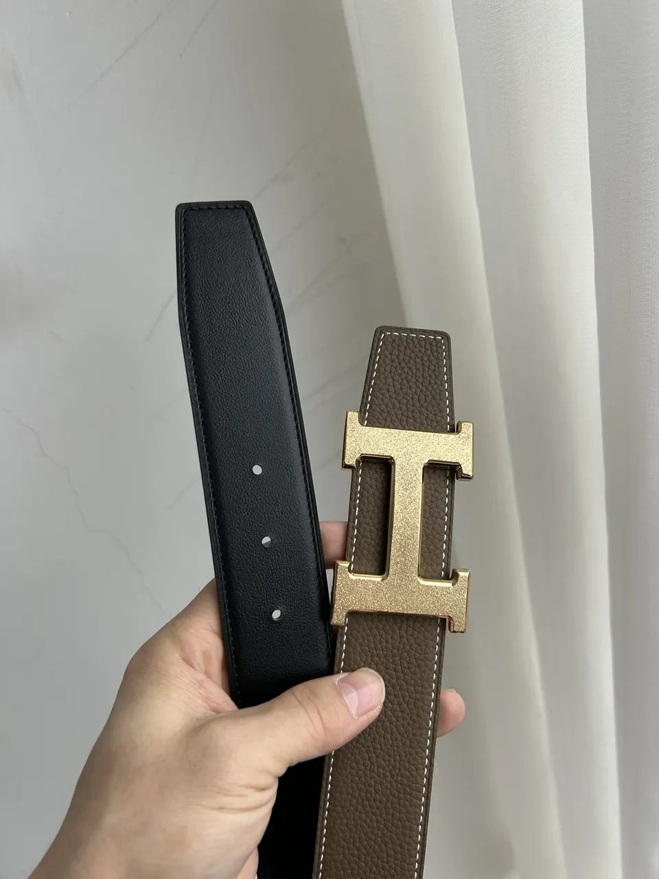 gold Hermes Taupe Leather Belt - Hình 2