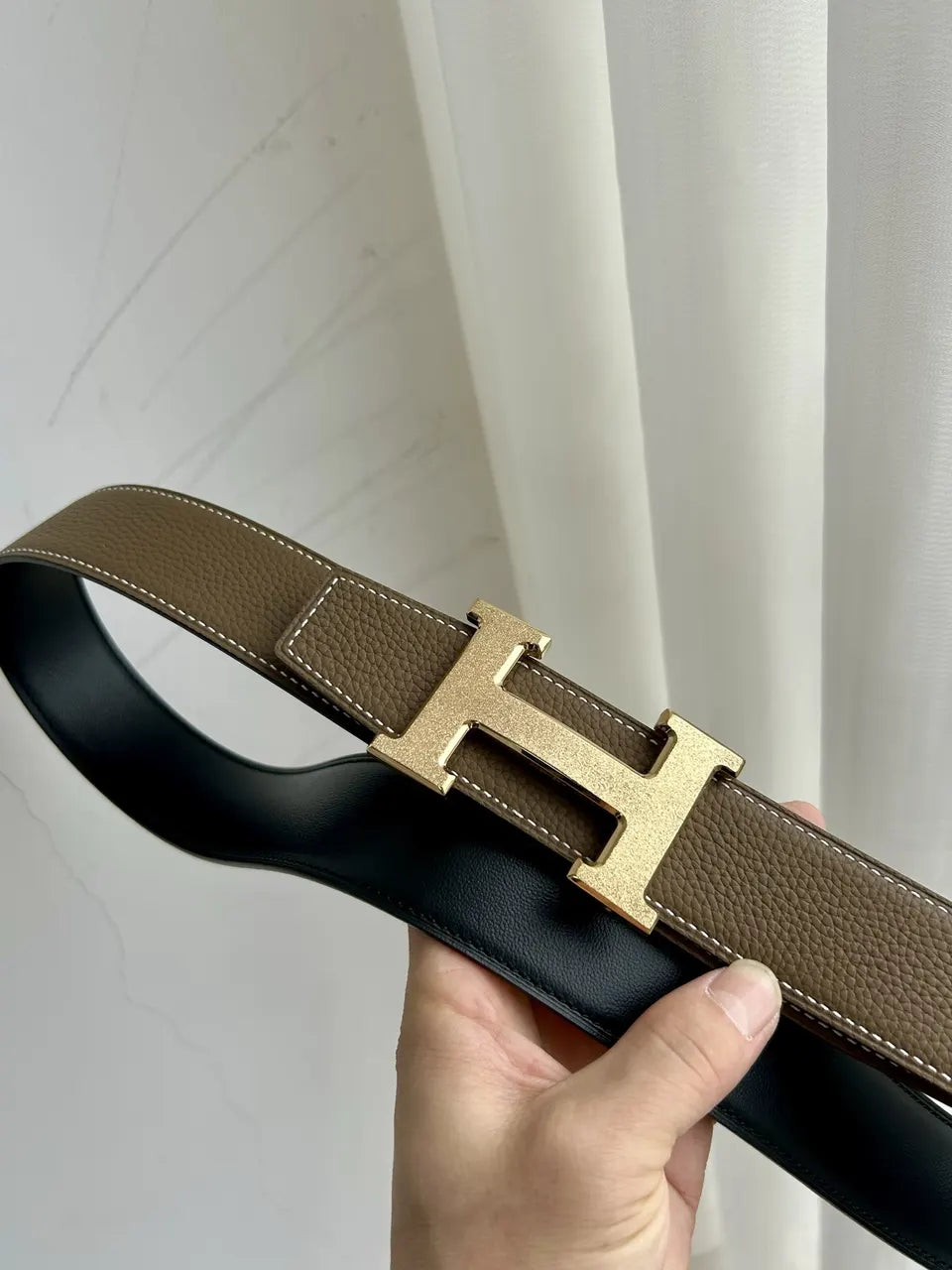 gold Hermes Taupe Leather Belt - Hình 3