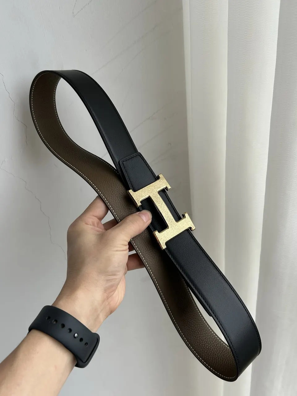 gold Hermes Taupe Leather Belt - Hình 4