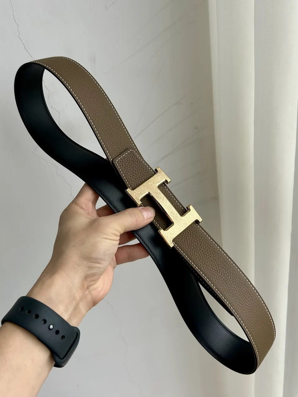 gold Hermes Taupe Leather Belt - Hình 5