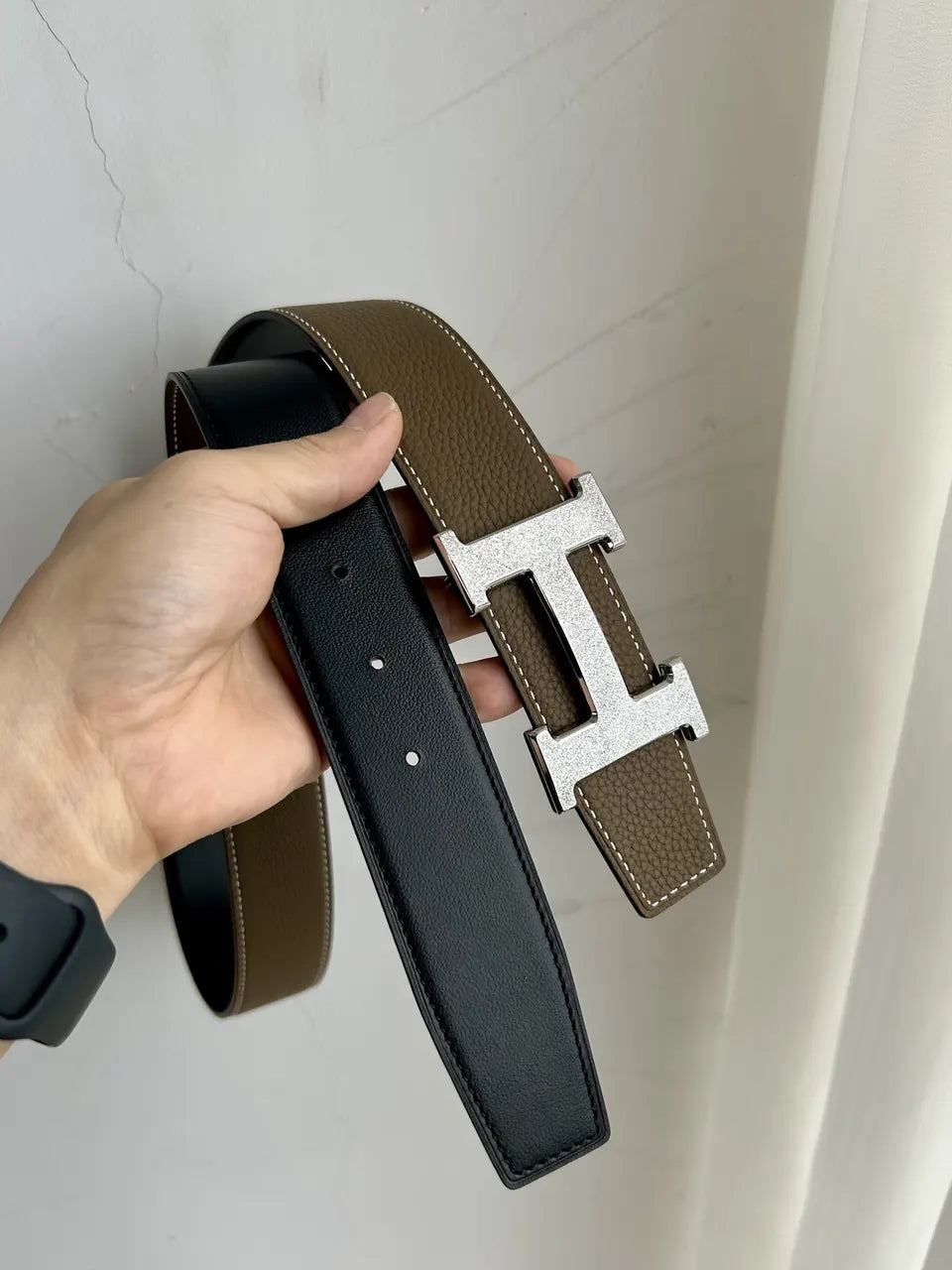 gold Hermes Taupe Leather Belt - Hình 6