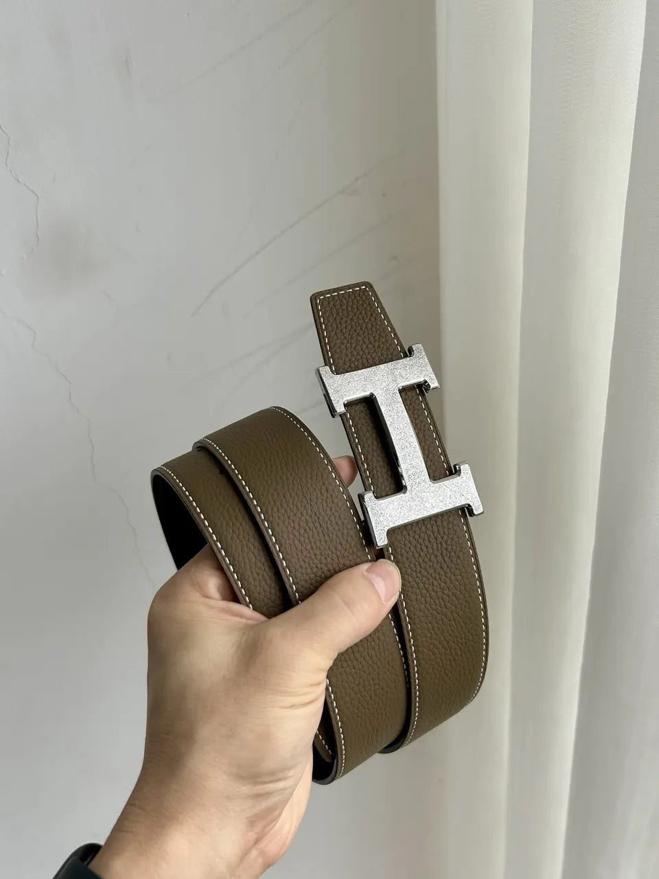 gold Hermes Taupe Leather Belt - Hình 7
