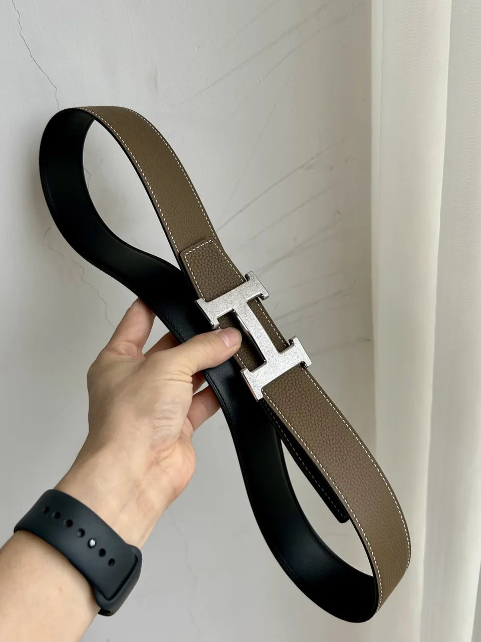 gold Hermes Taupe Leather Belt - Hình 8