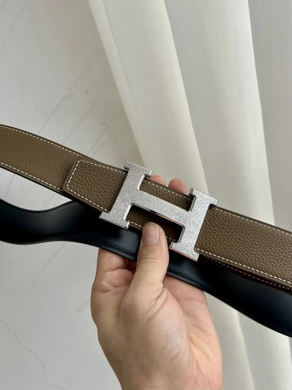 gold Hermes Taupe Leather Belt - Hình 9
