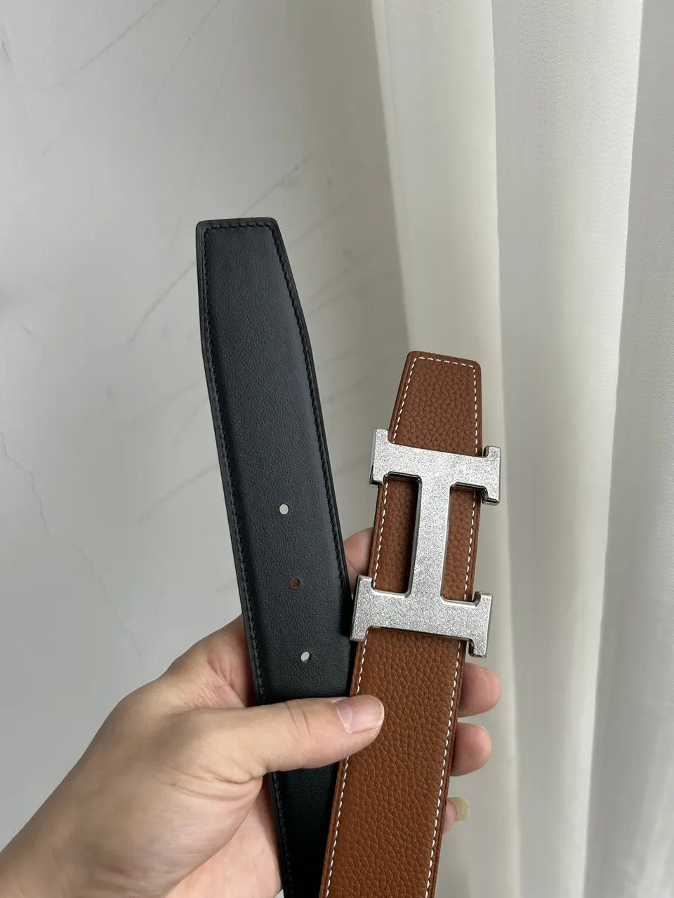 silver gold Hermes Tan Leather Belt - Hình 2