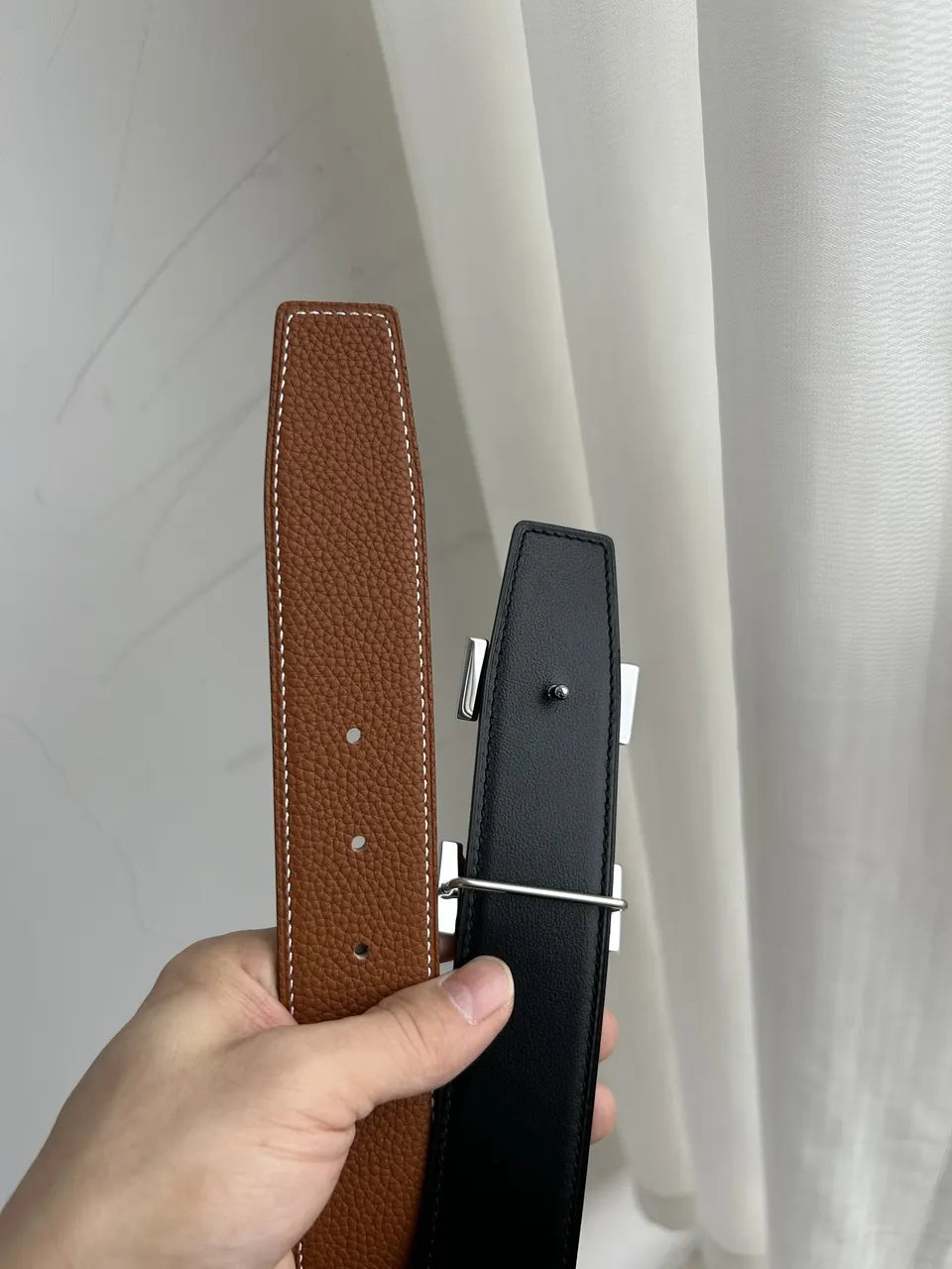 silver gold Hermes Tan Leather Belt - Hình 3