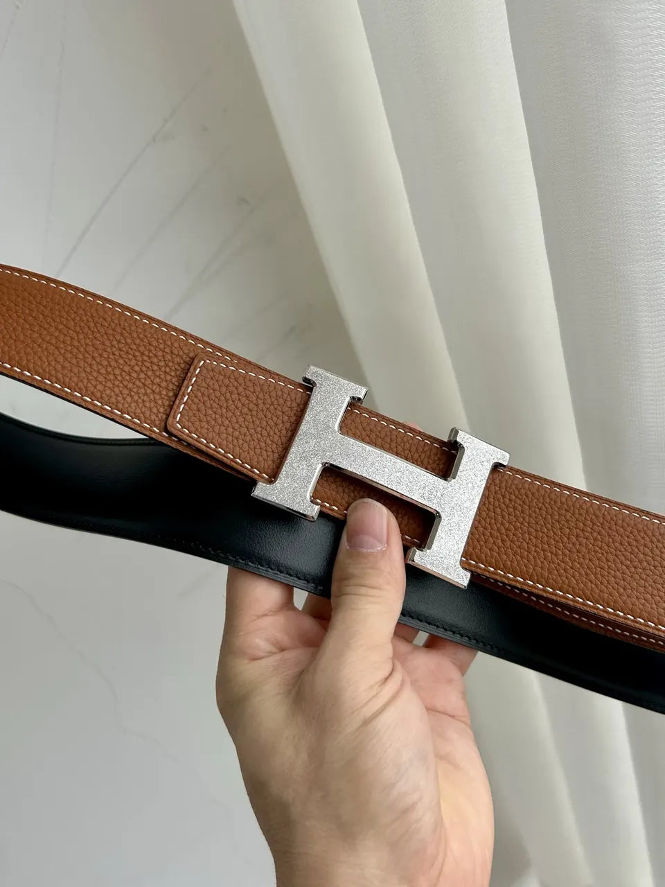 silver gold Hermes Tan Leather Belt - Hình 4