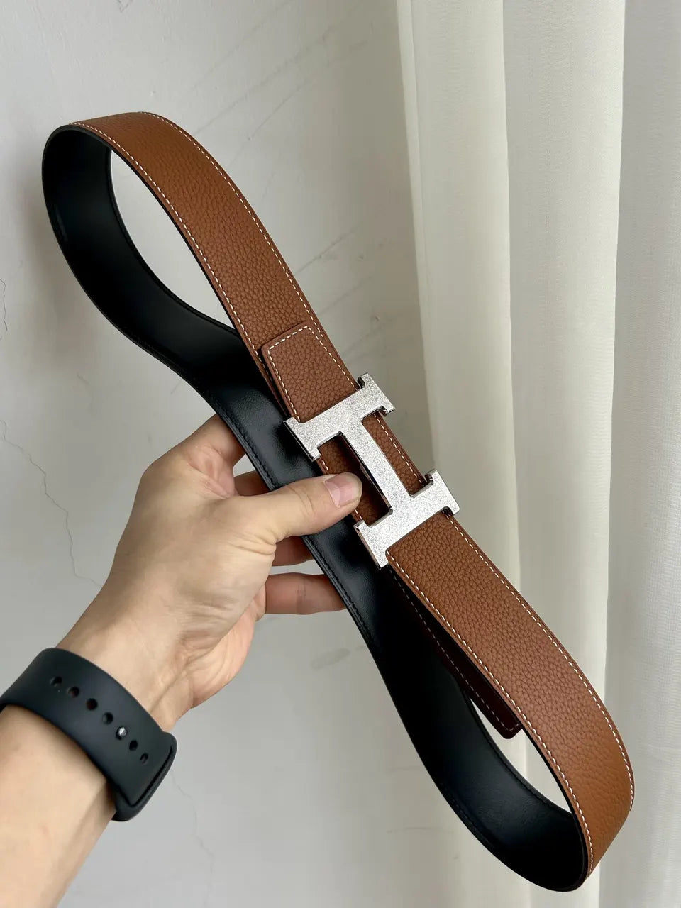 silver gold Hermes Tan Leather Belt - Hình 5